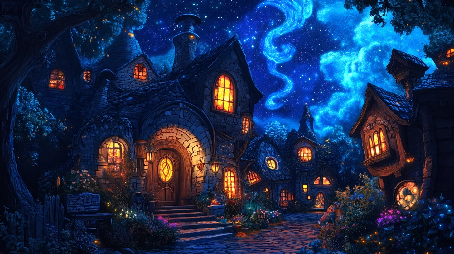 Aldea de fantasía bajo un cielo nocturno estrellado azul profundo