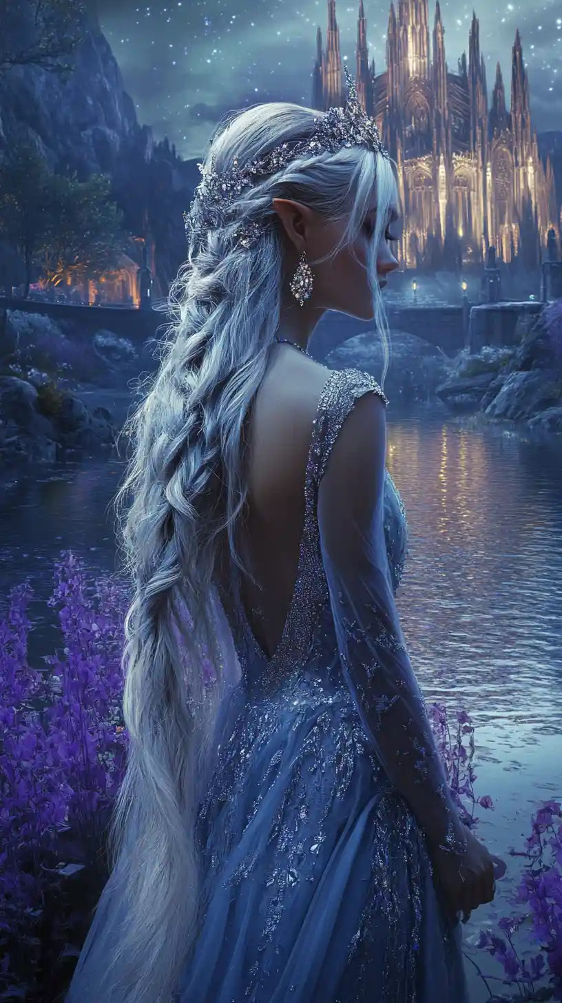 Elven queen beside a moonlit river and gothic cathedral