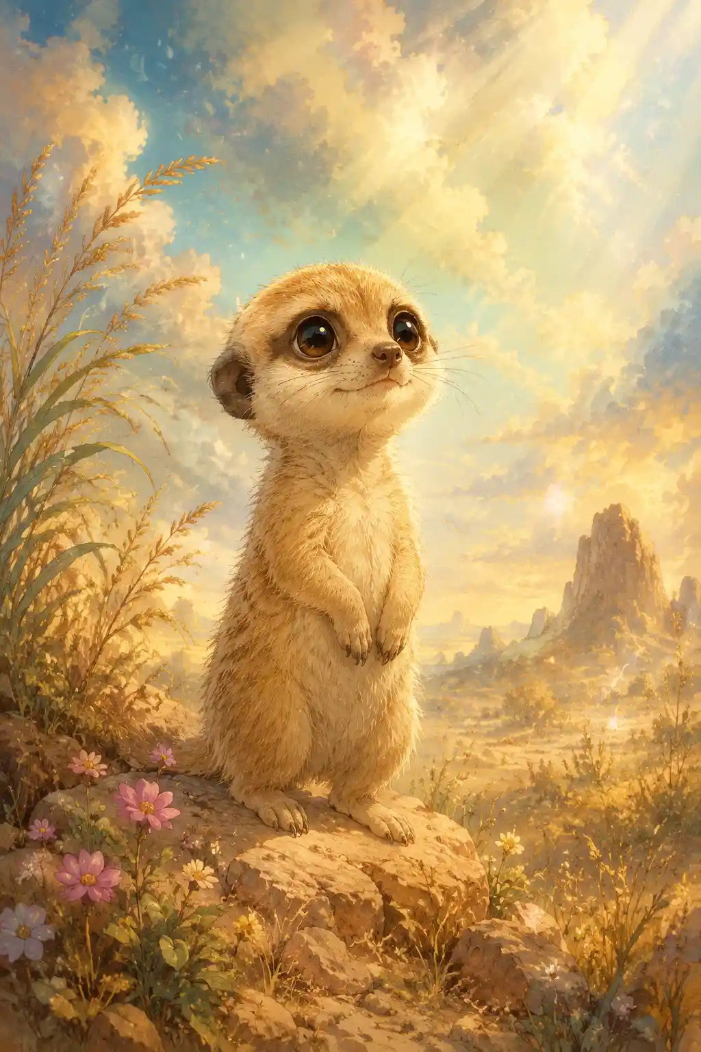 Cute baby meerkat in soft desert grass illustration