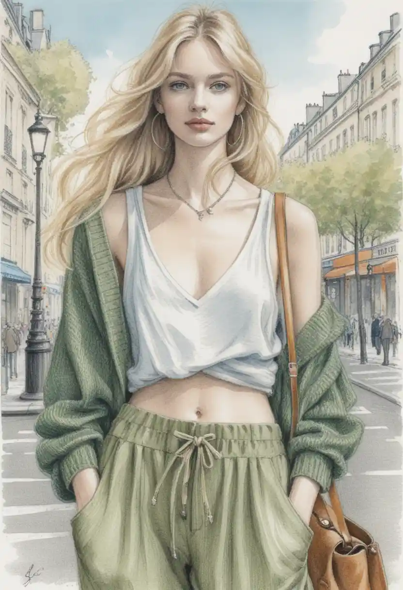 Blonde woman walking on a Parisian boulevard illustration