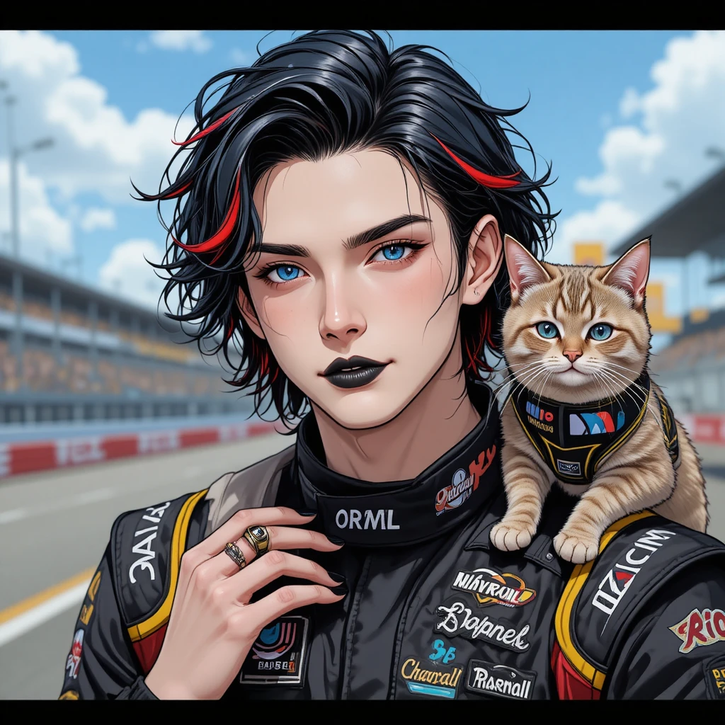 Anime racer with colorful hair and emotional support cat