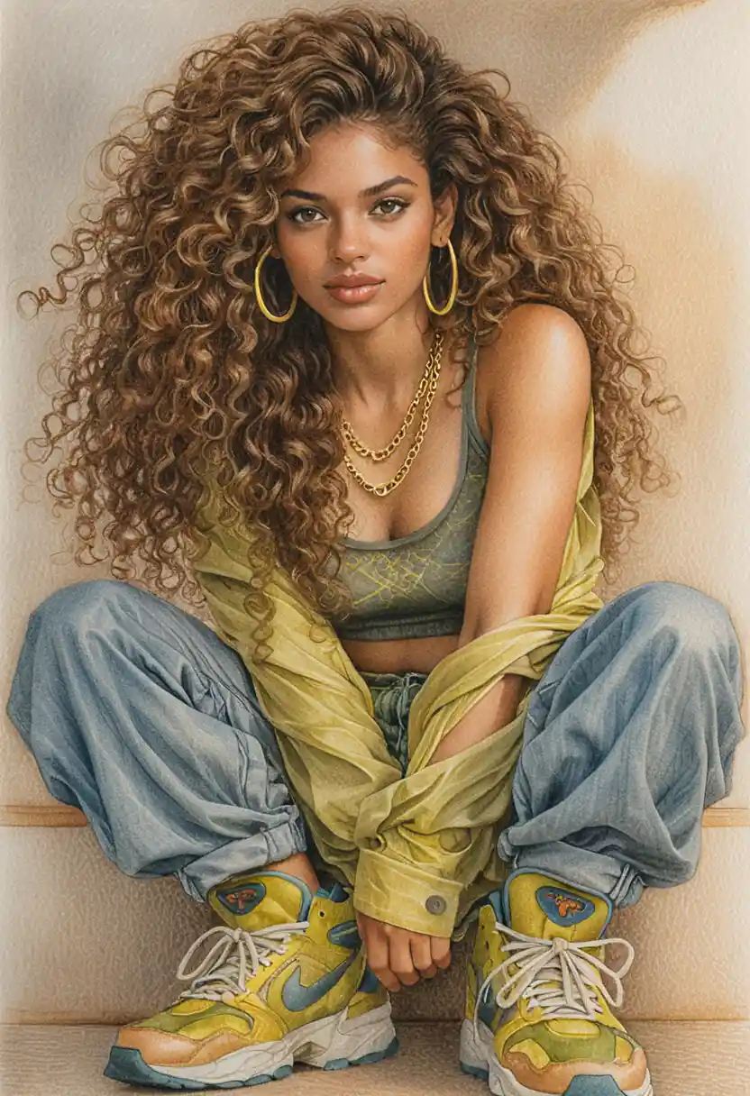 Seated woman with wild curly hair in casual streetwear