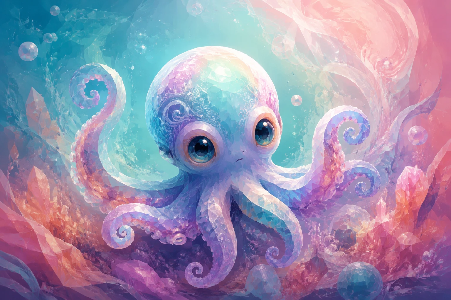 Abstract baby octopus illustration in soft pastel underwater colors