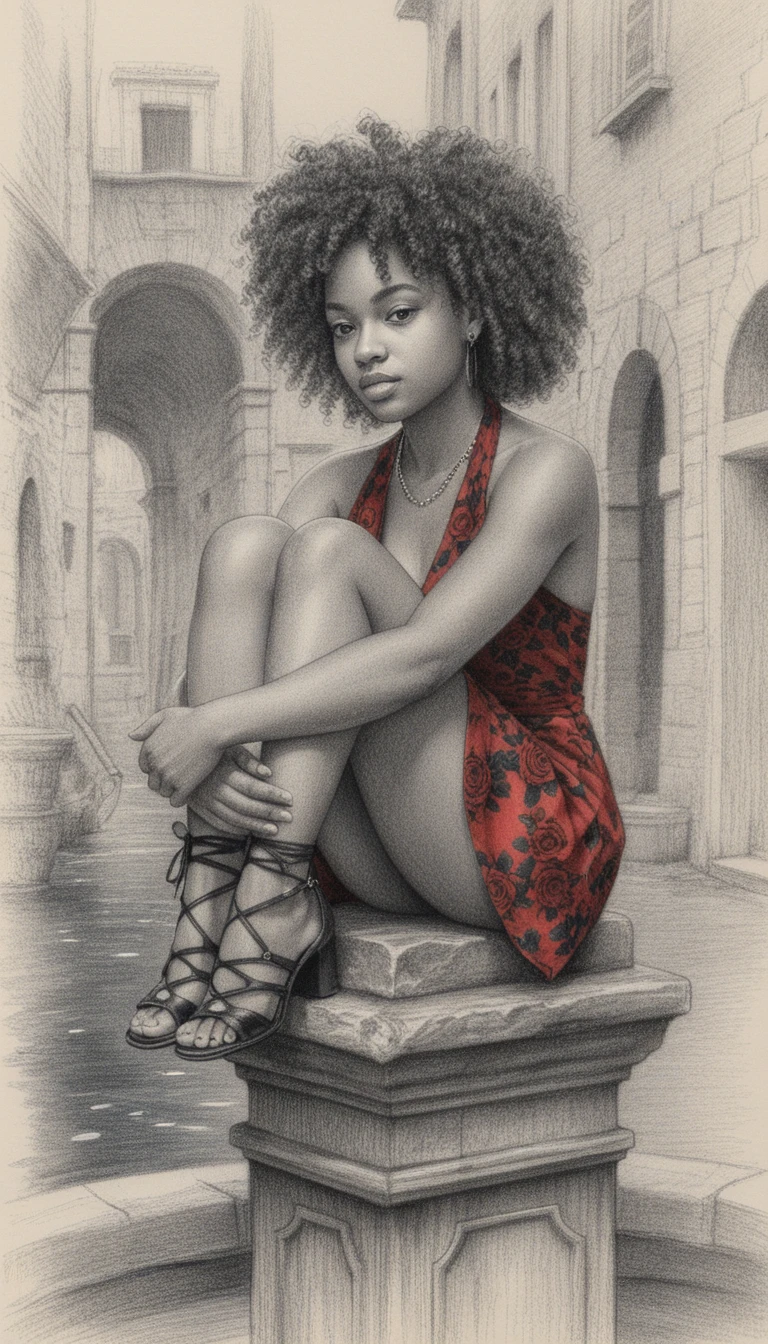 Sensual woman by stone fountain in colored pencil illustration