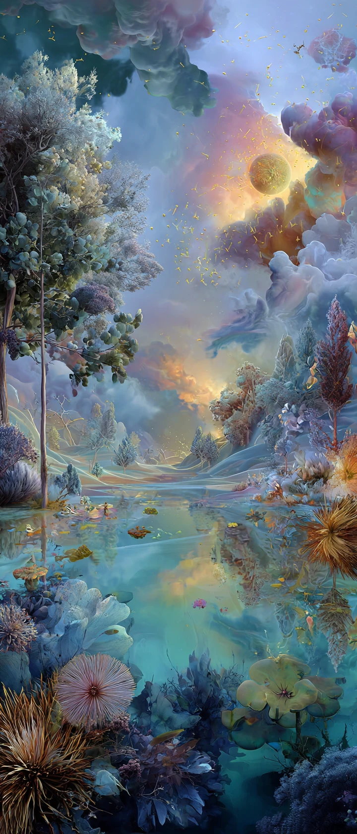Paisaje onírico surrealista que fusiona formas de la naturaleza con elementos musicales