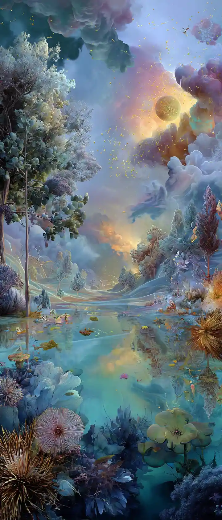 Paisaje onírico surrealista que fusiona formas de la naturaleza con elementos musicales