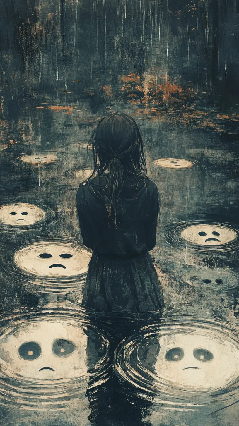 Girl Watching Raindrops With Faint Ghostlike Faces Falling