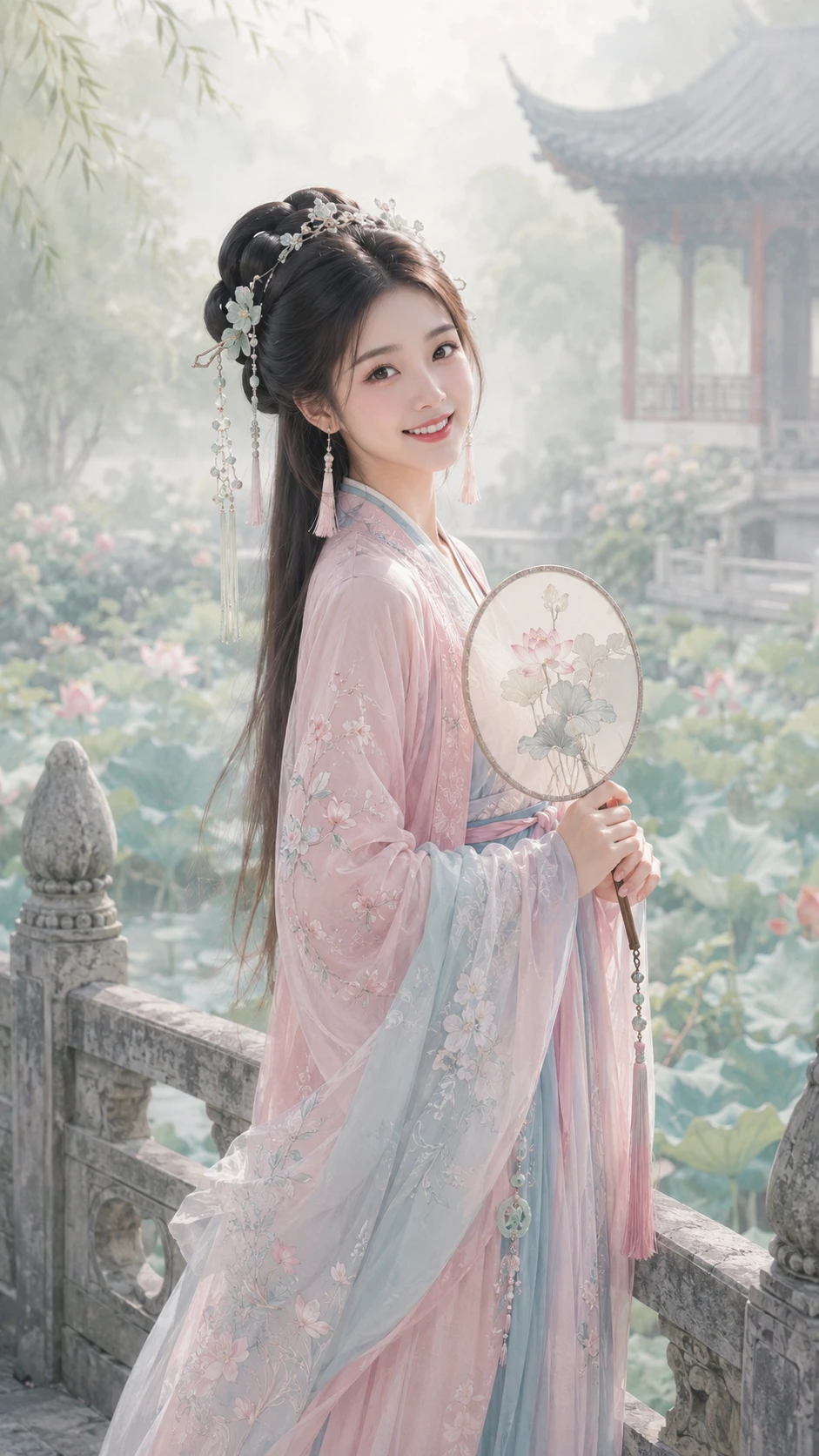 Young woman in pastel hanfu on a misty garden bridge