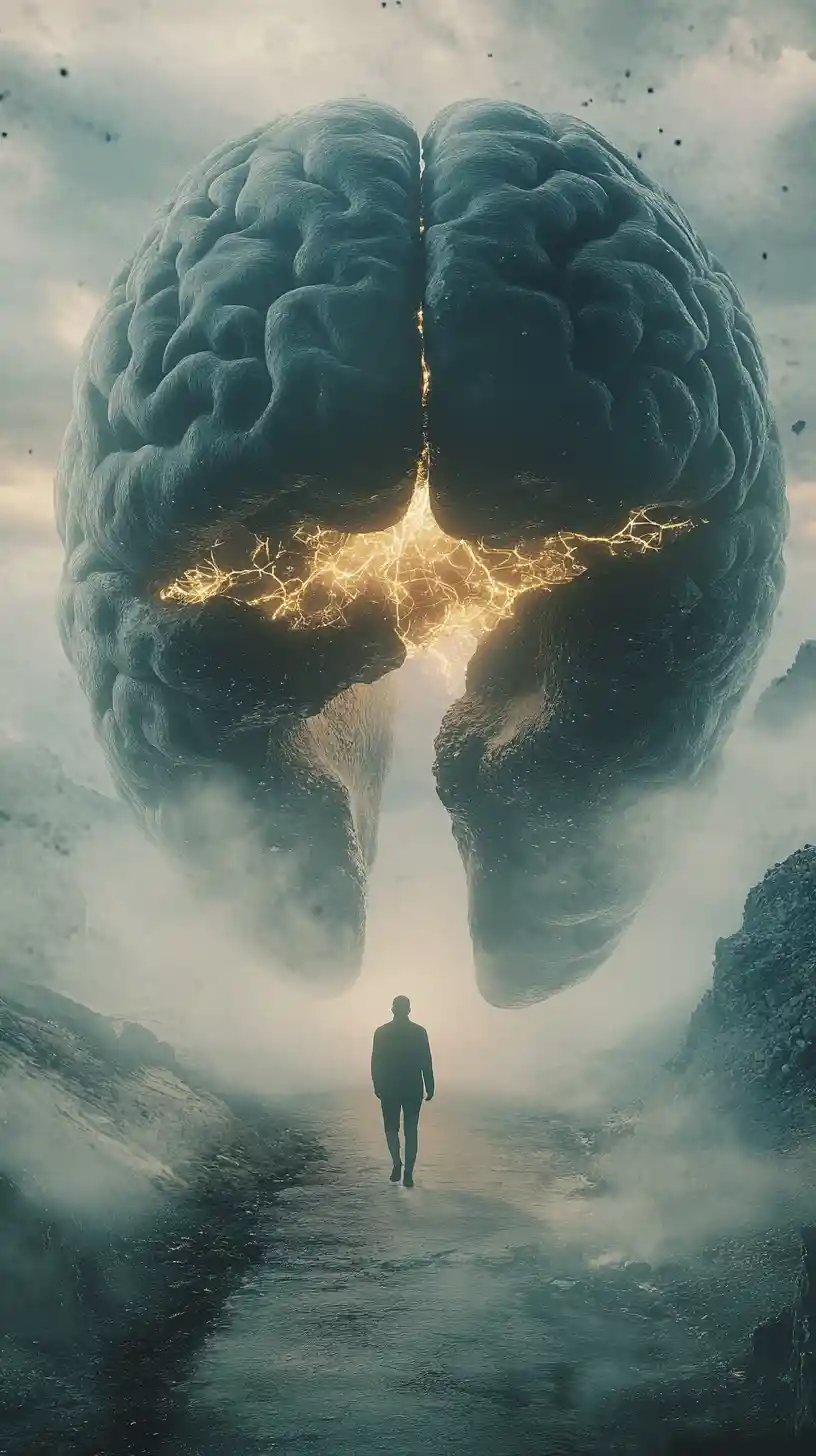 Human Walking Into A Giant Glowing Brain Portal