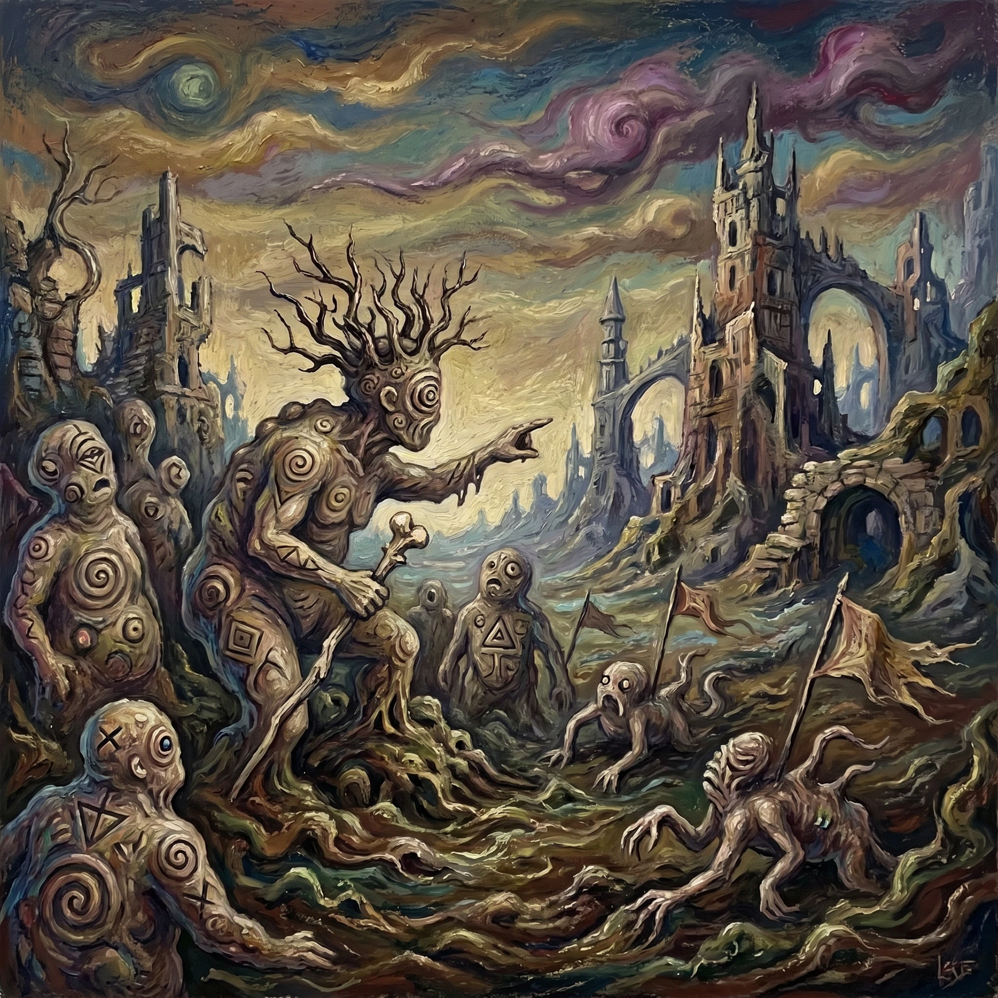 Surreal humanoid beings rising from primordial ooze at dawn