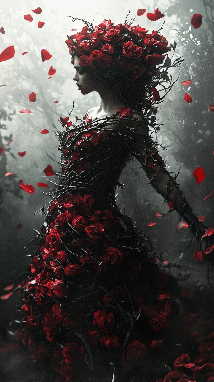 Fantasy woman in a rose and thorn gown in gothic garden