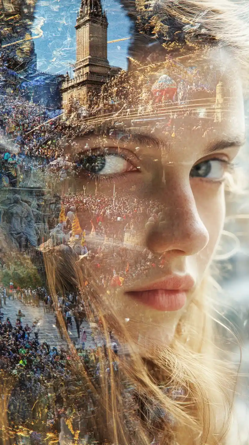 Surreal close up of woman veiled before blurred cityscape