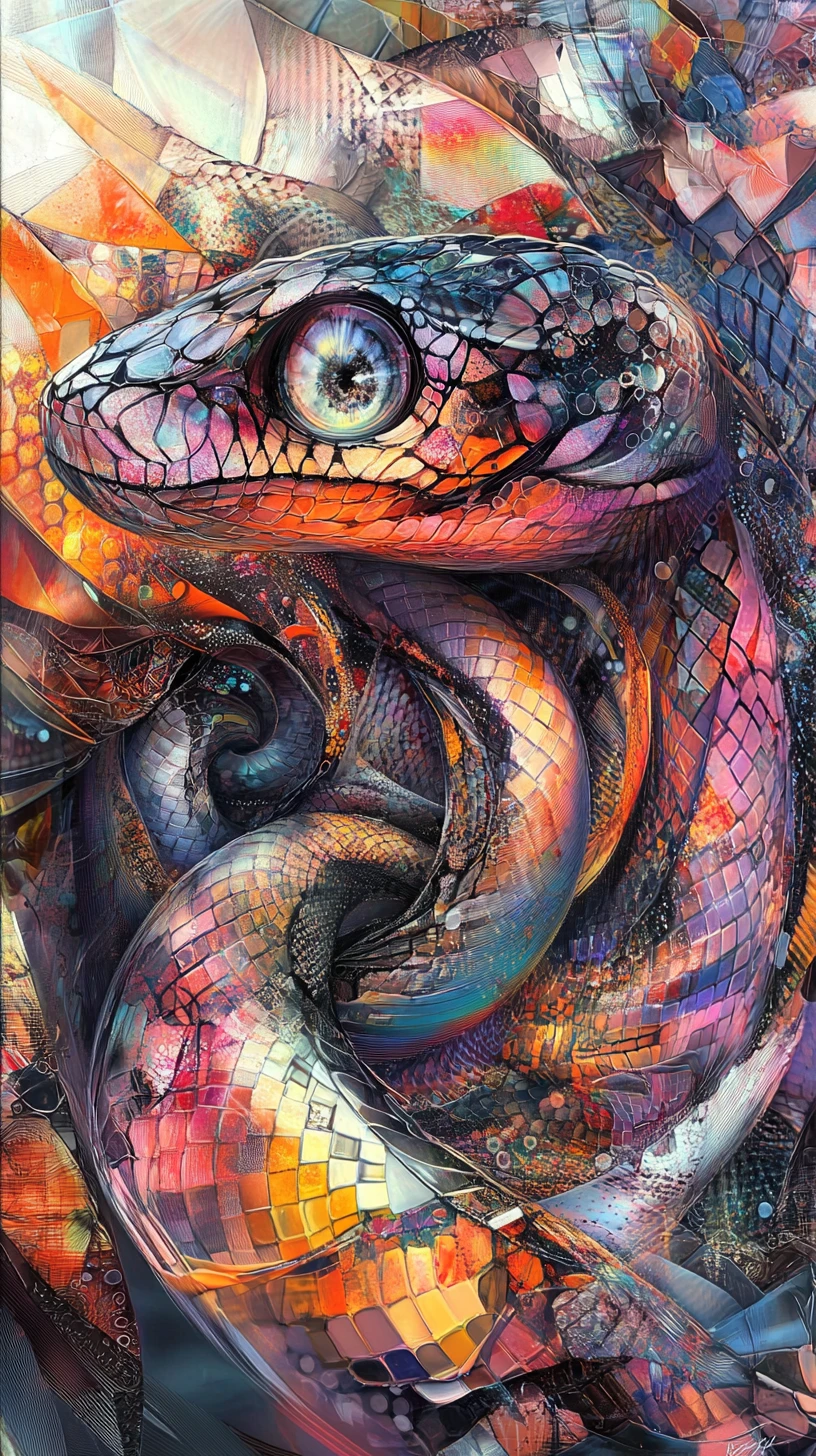 Surreal serpent close up with hypnotic abstract patterns