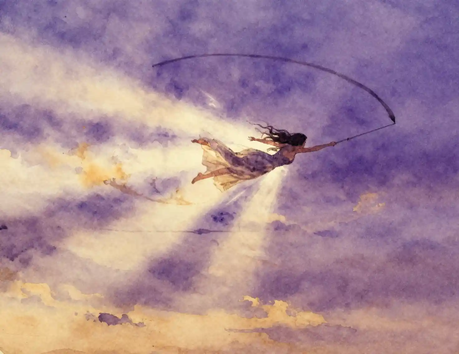 Ethereal woman soaring across violet twilight sky