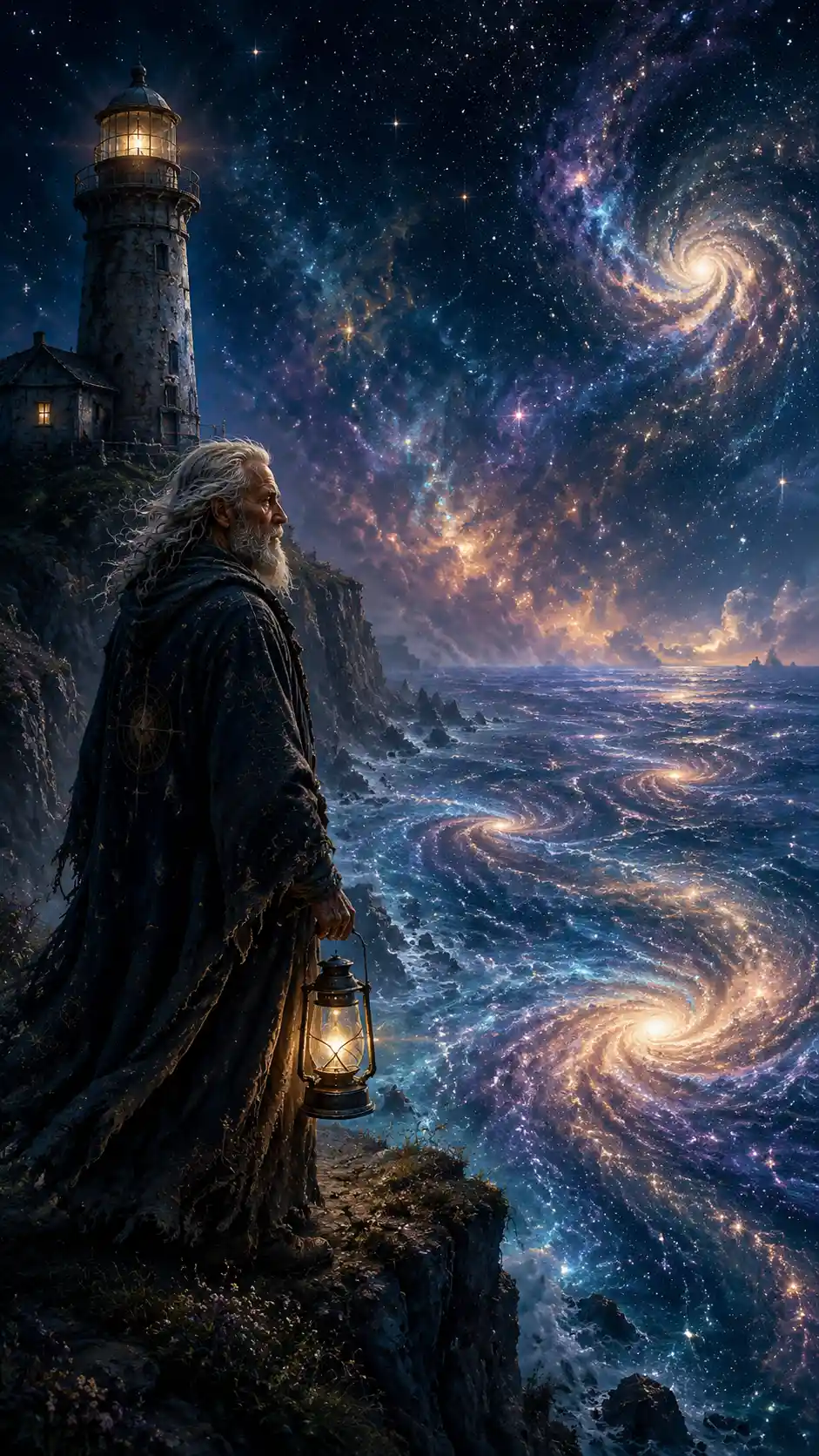 Ancient lighthouse keeper above a nebula filled ocean