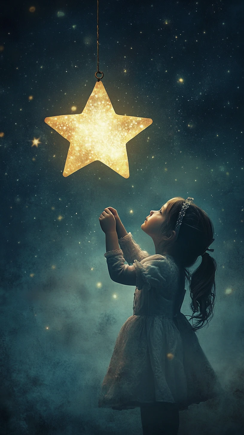 Girl listening to a glowing star in a dreamy sky