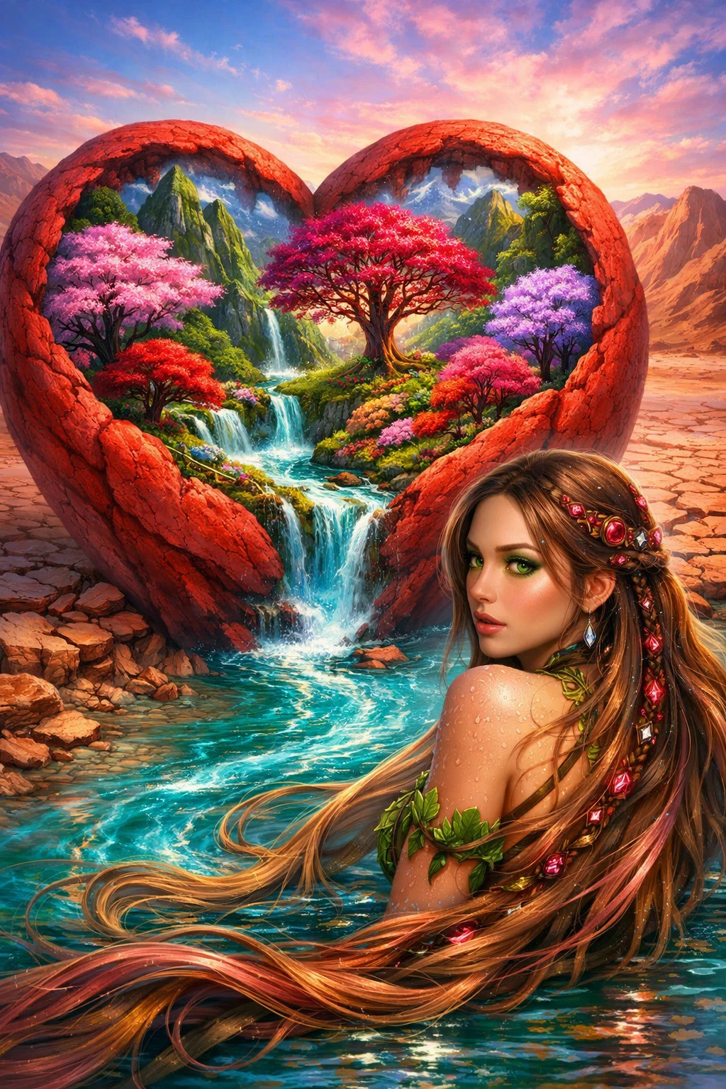 Close up red desert heart cradling a lush fantasy world