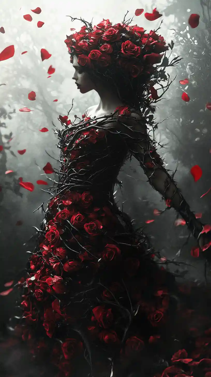 Fantasy woman in a rose and thorn gown in gothic garden