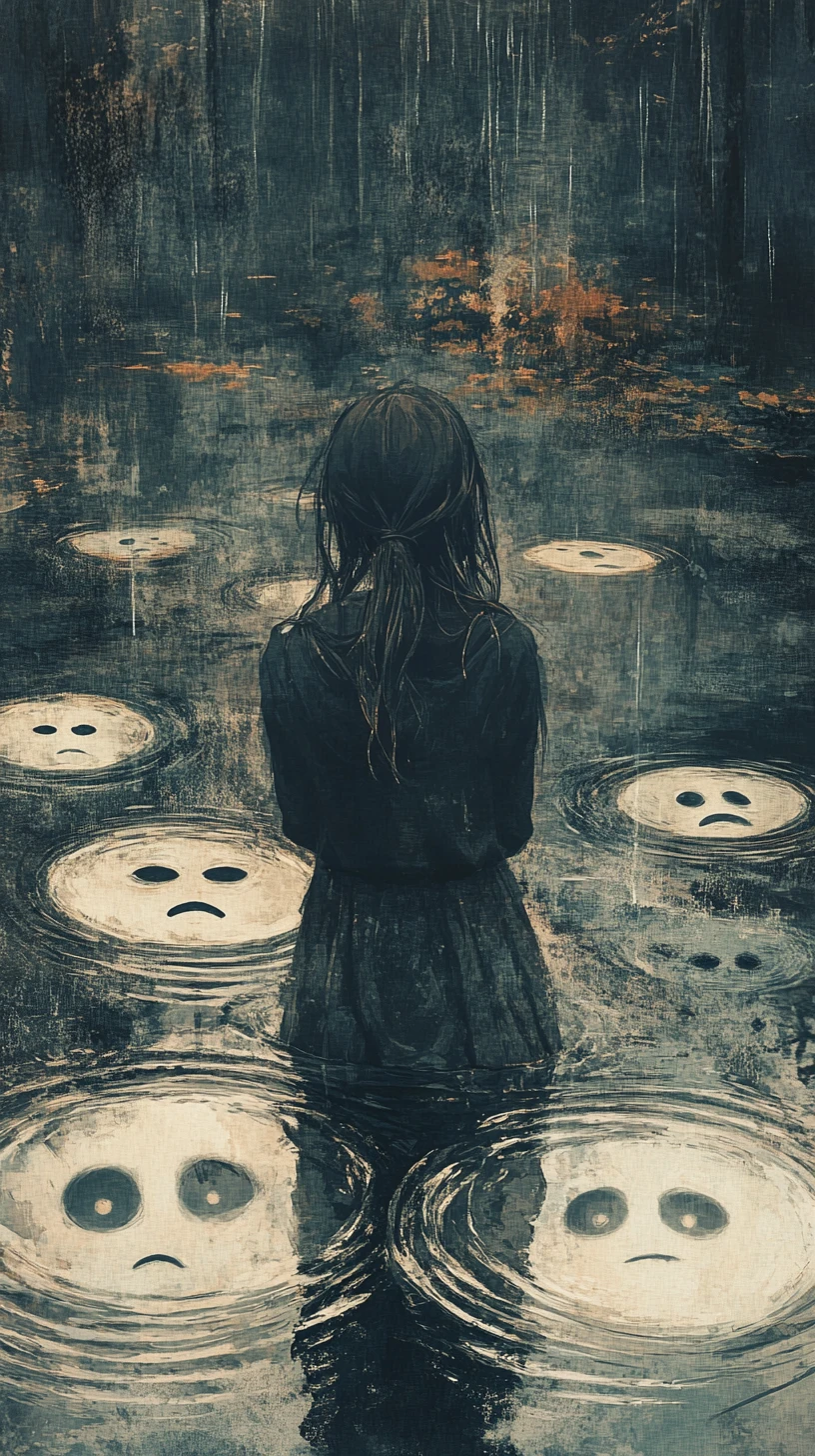 Girl Watching Raindrops With Faint Ghostlike Faces Falling