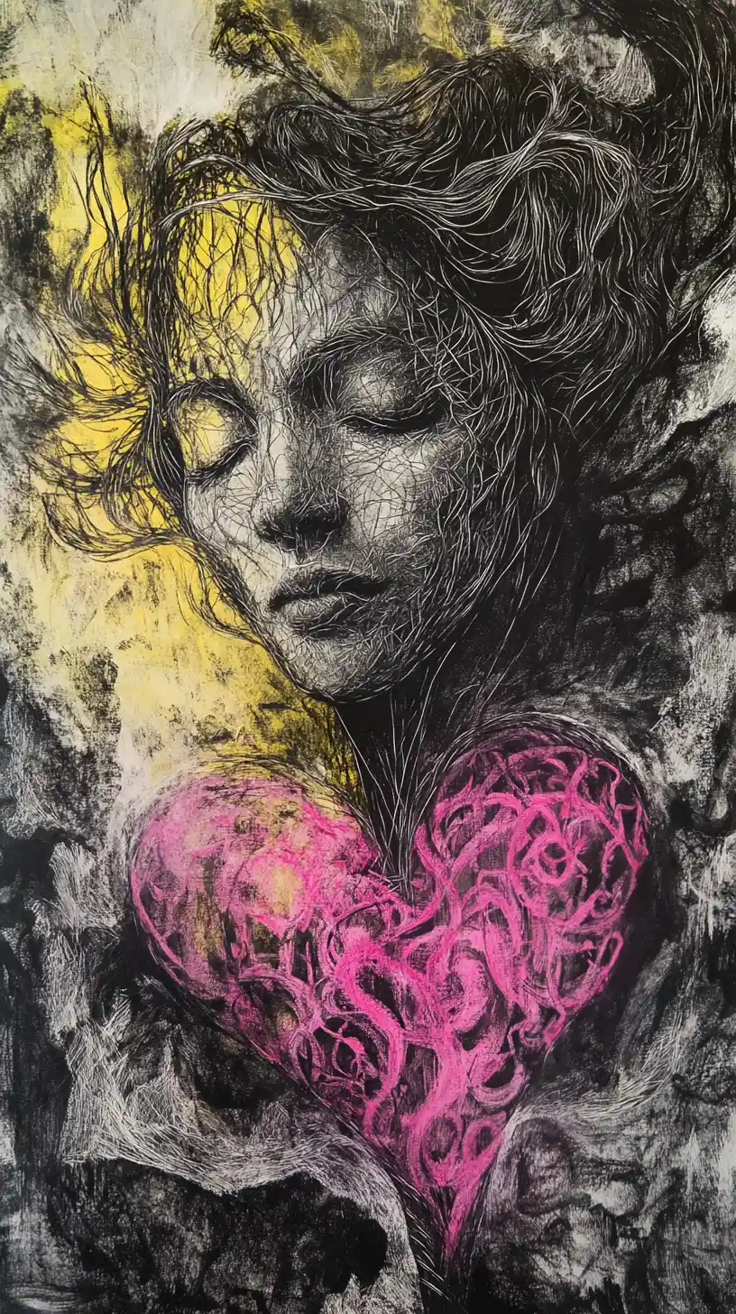 Surreal portrait of a wired heart shaped female face