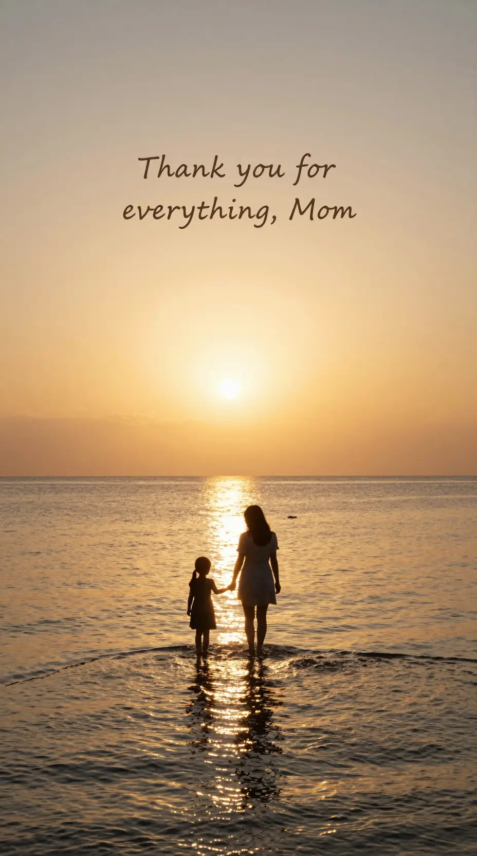 Mother and daughter walking toward a golden sunrise