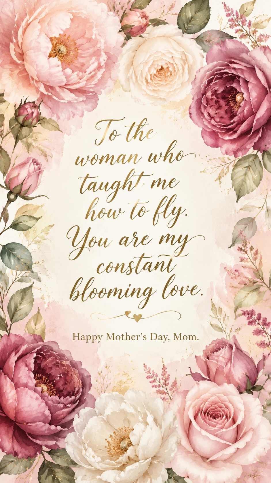Watercolor floral Mother’s Day card with elegant gold script