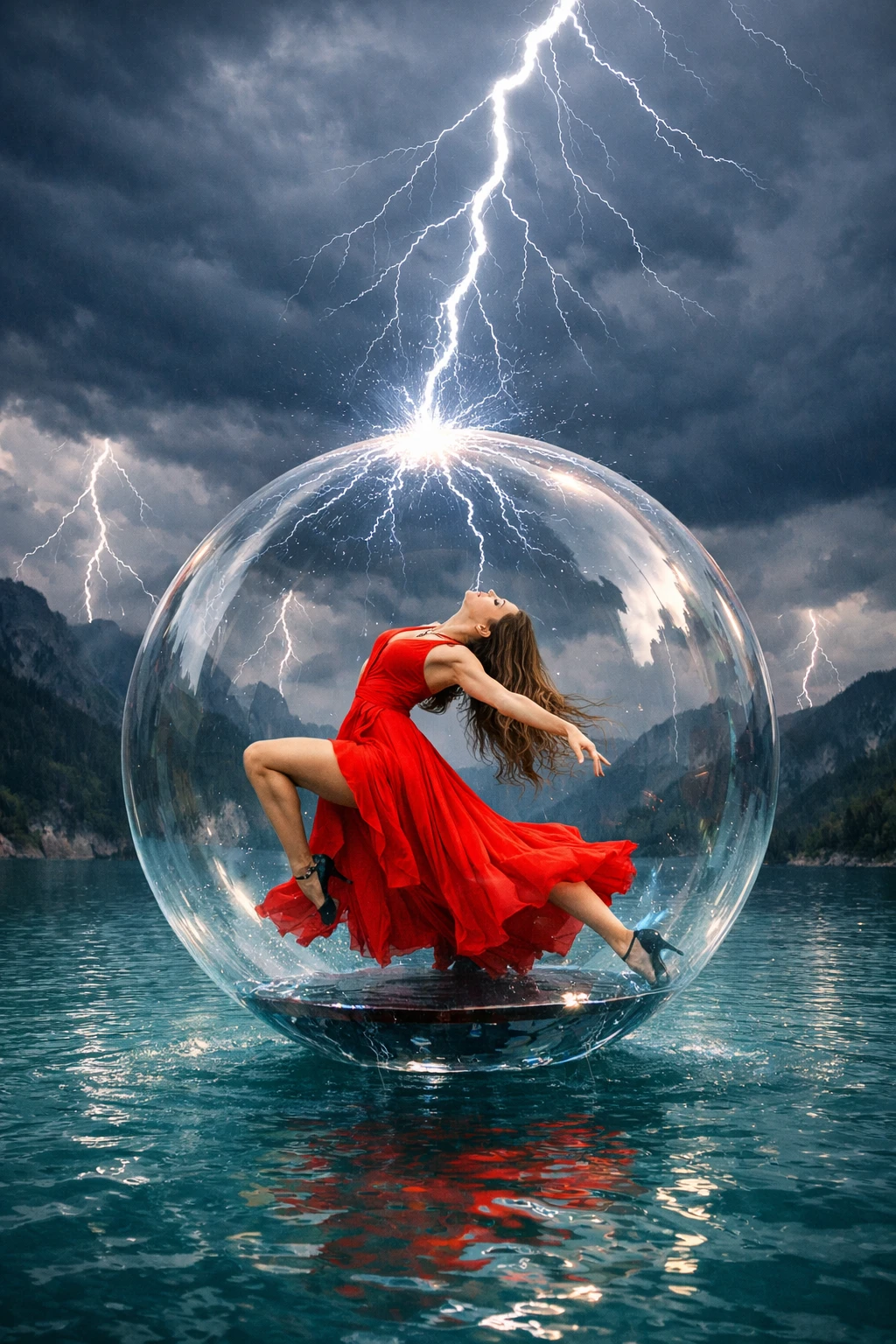 Woman dancing tango in a glass sphere above lake