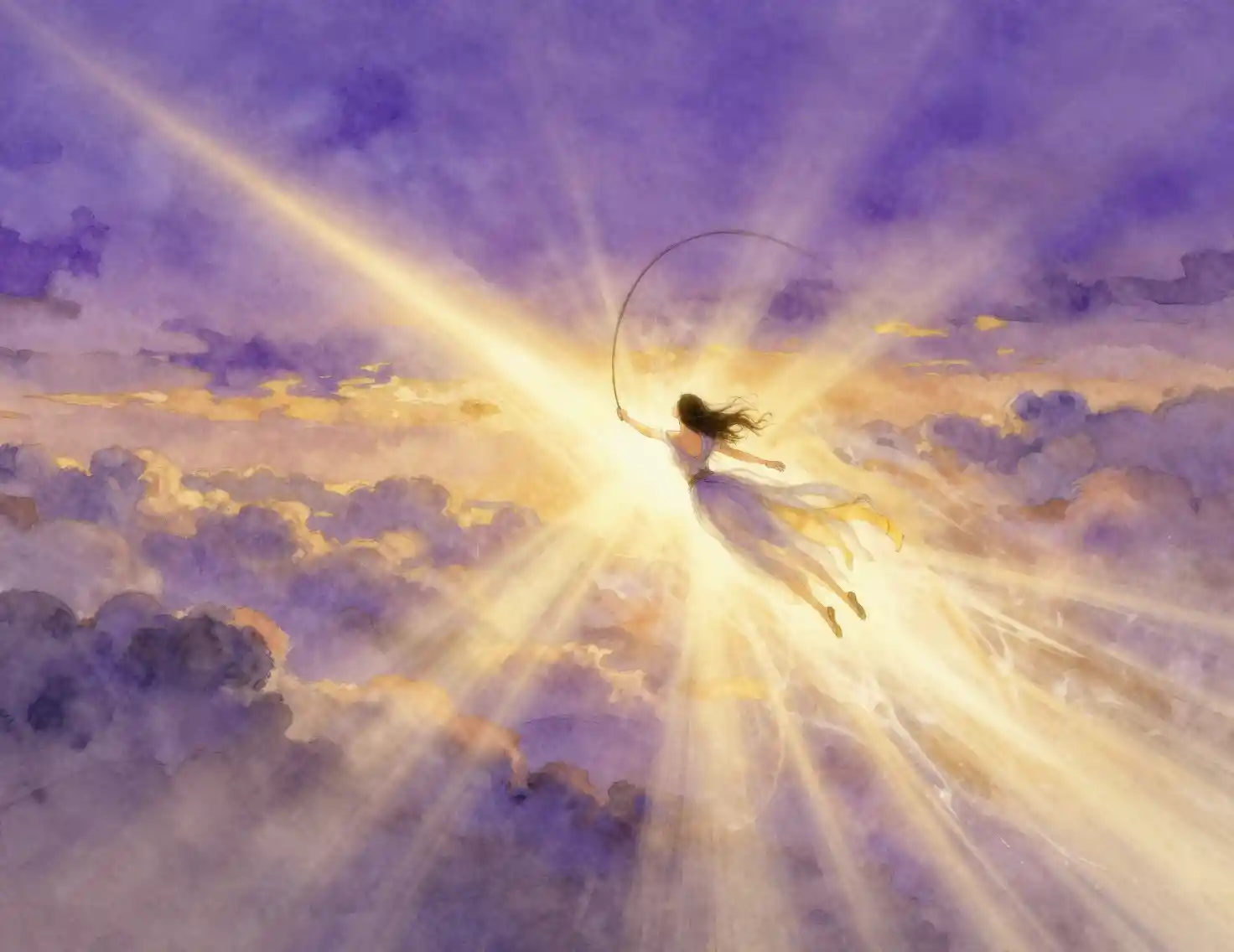 Ethereal woman soaring through violet twilight sky