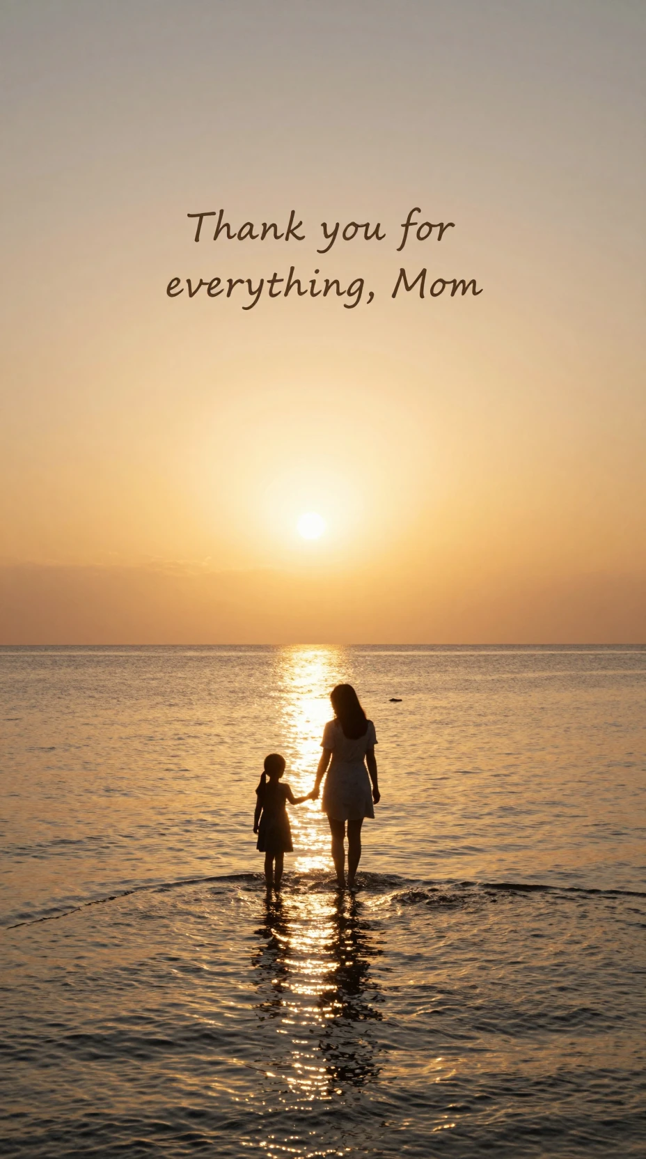 Mother and daughter walking toward a golden sunrise