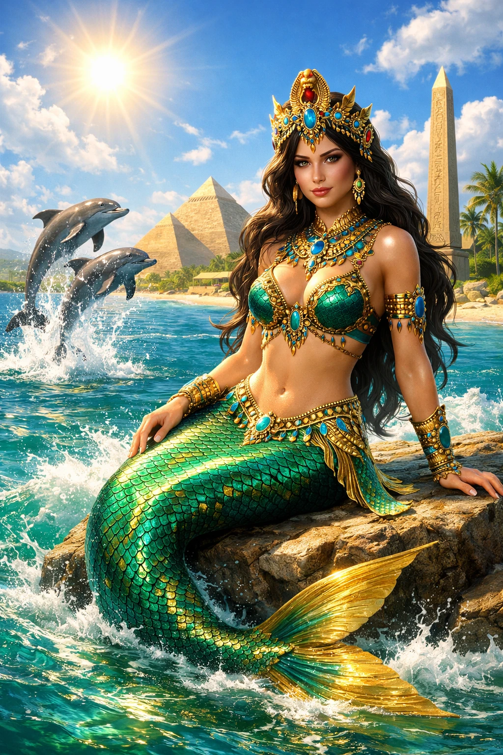 Egyptian mermaid on sunlit ocean rock with dolphins