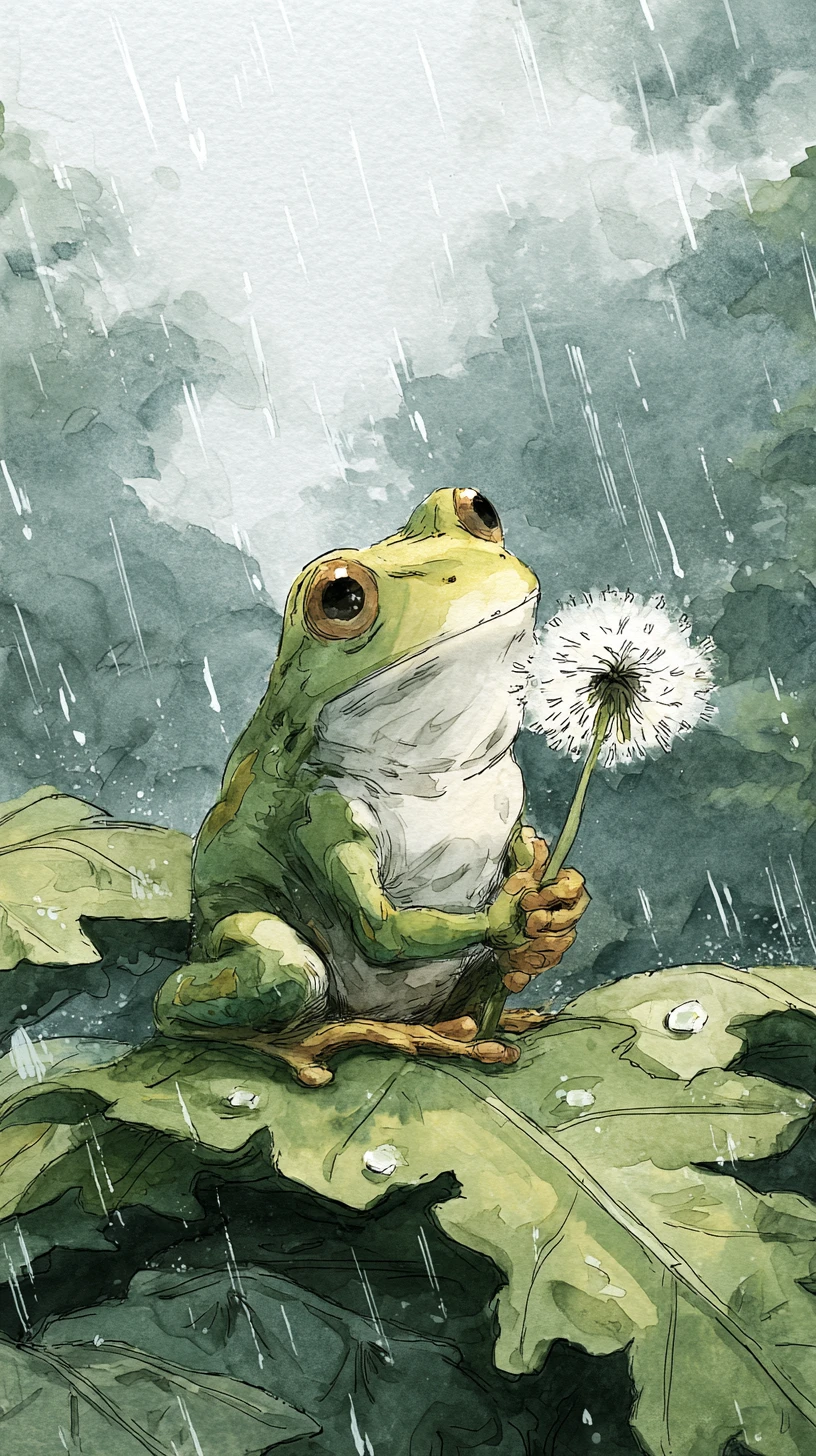 Rana con Diente de León sobre Hoja en Suave Lluvia en Acuarela