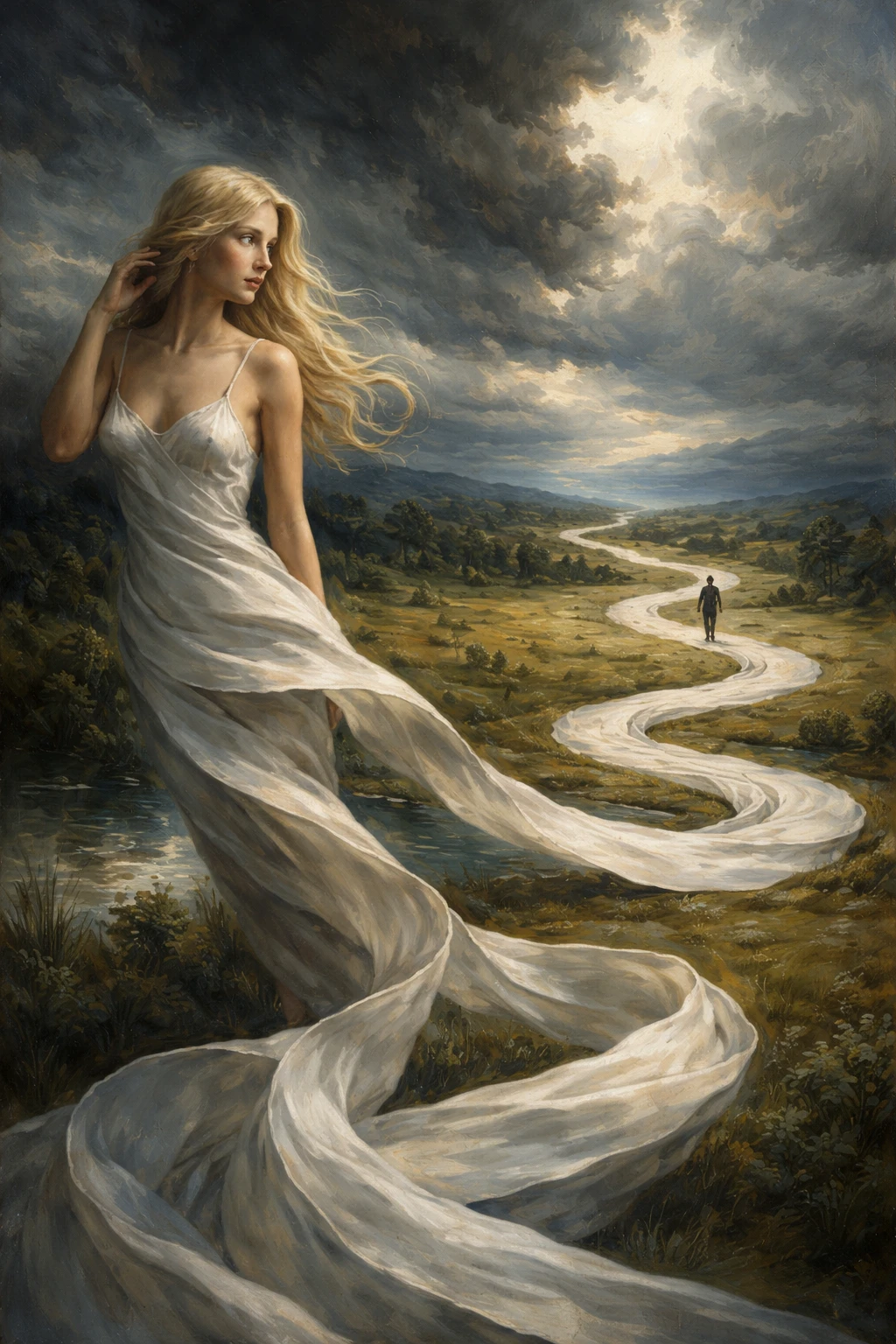 Surreal woman of ribbon unfolding across stormy green landscape