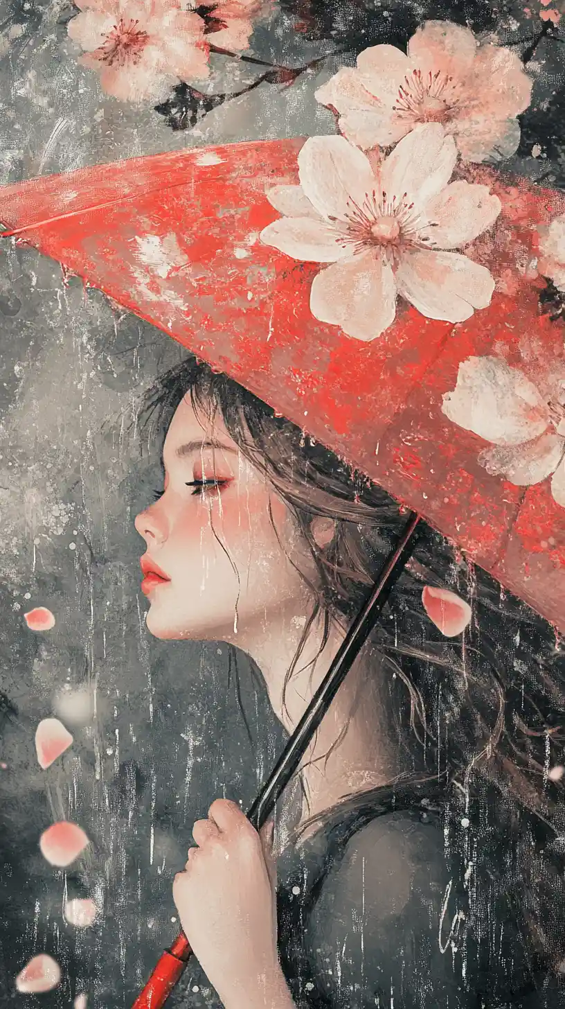 Girl with flower umbrella standing in a dreamy rain scene