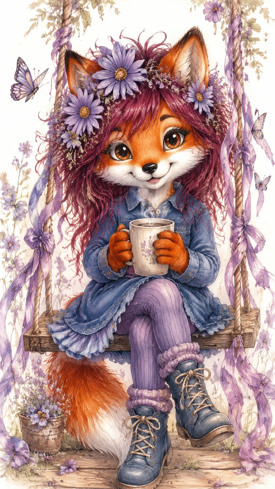 Cute fox girl on a wooden swing with butterflies
