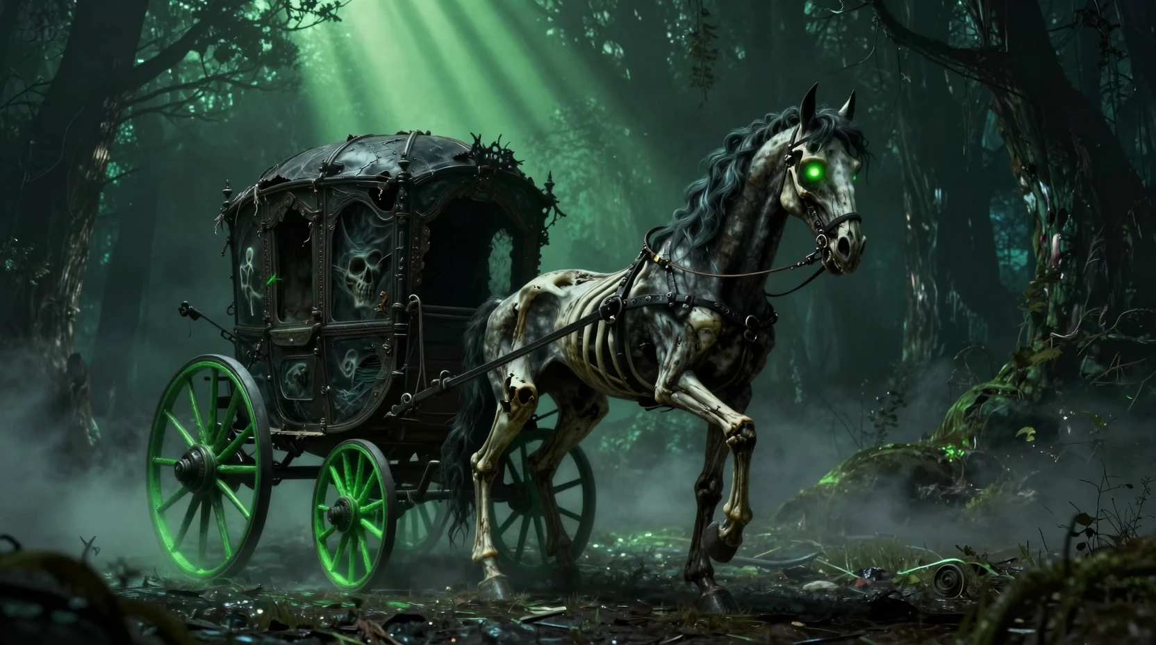 Skeletal undead horse carriage in a foggy gothic forest