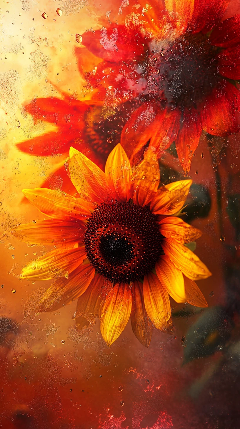Drooping sunflower heads against fiery abstract color field