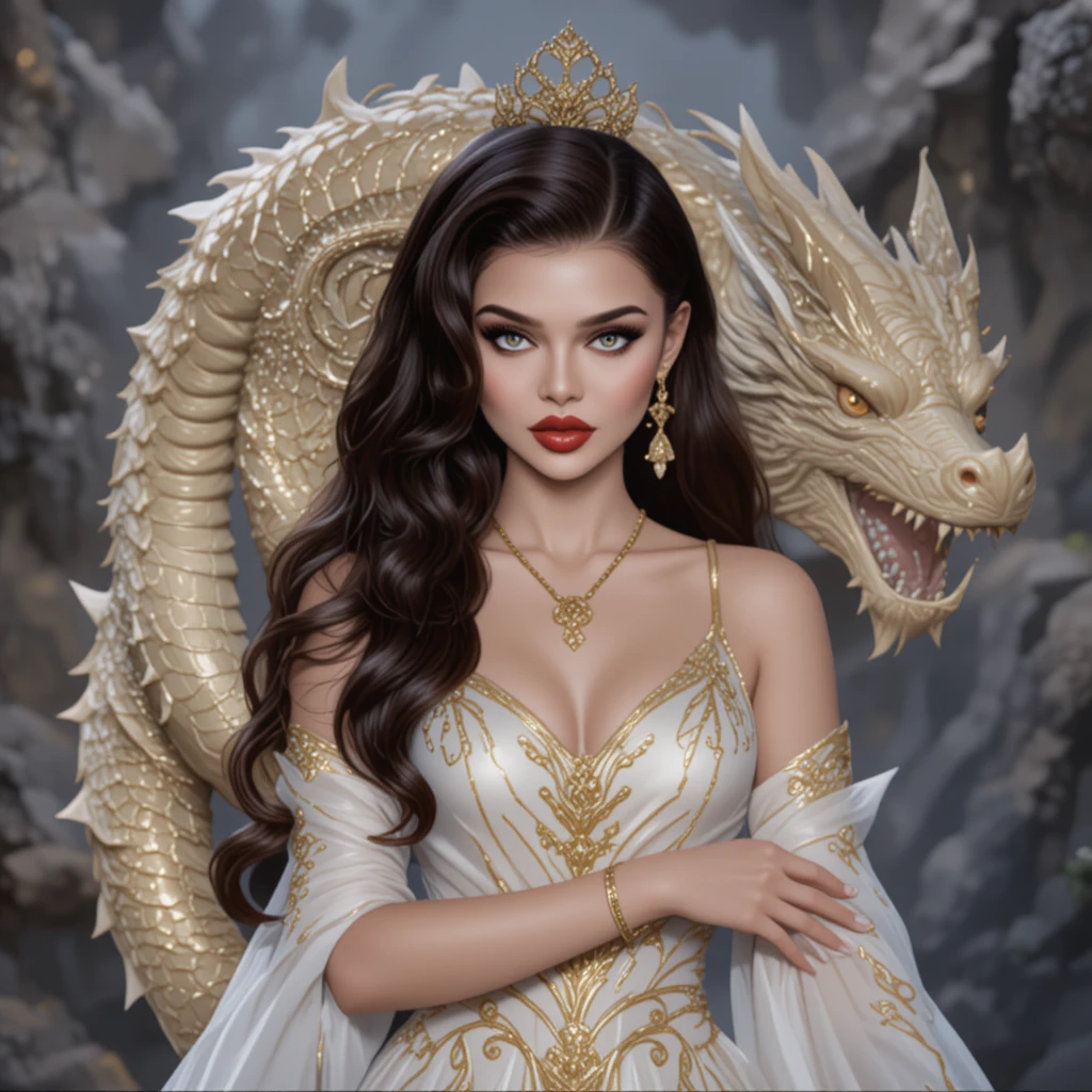 身穿華麗白金禮服與巨龍相伴的女子