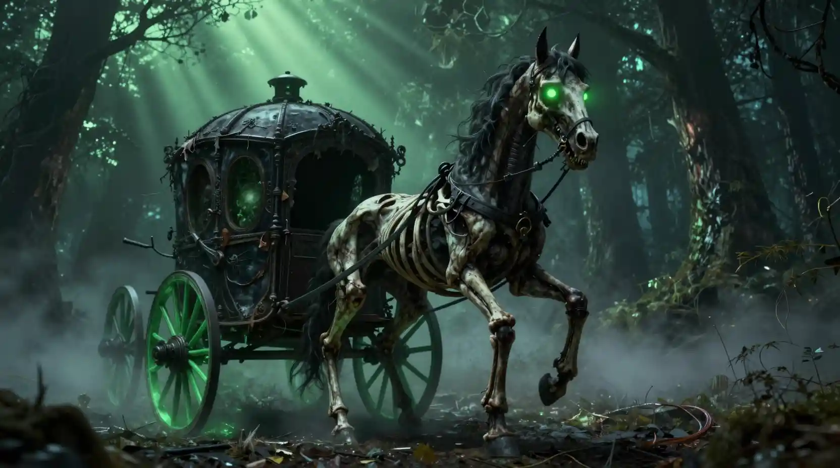 Terrifying skeletal horse carriage in a dark foggy forest