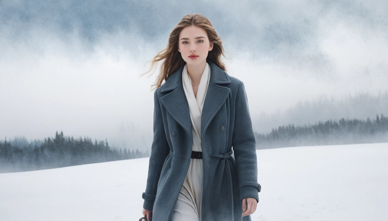 Young woman in gray coat walking across snowy battlefield