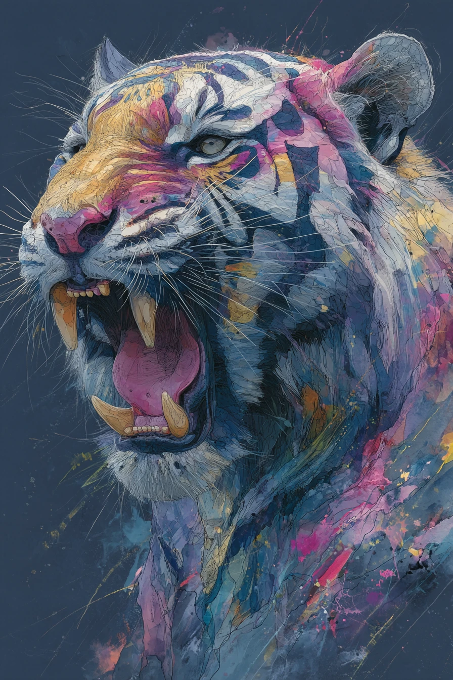 Silhouette di tigre al neon in arte espressiva a tecnica mista