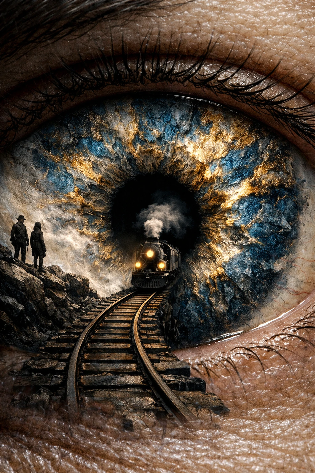 Surreal close up eye landscape with train and figures