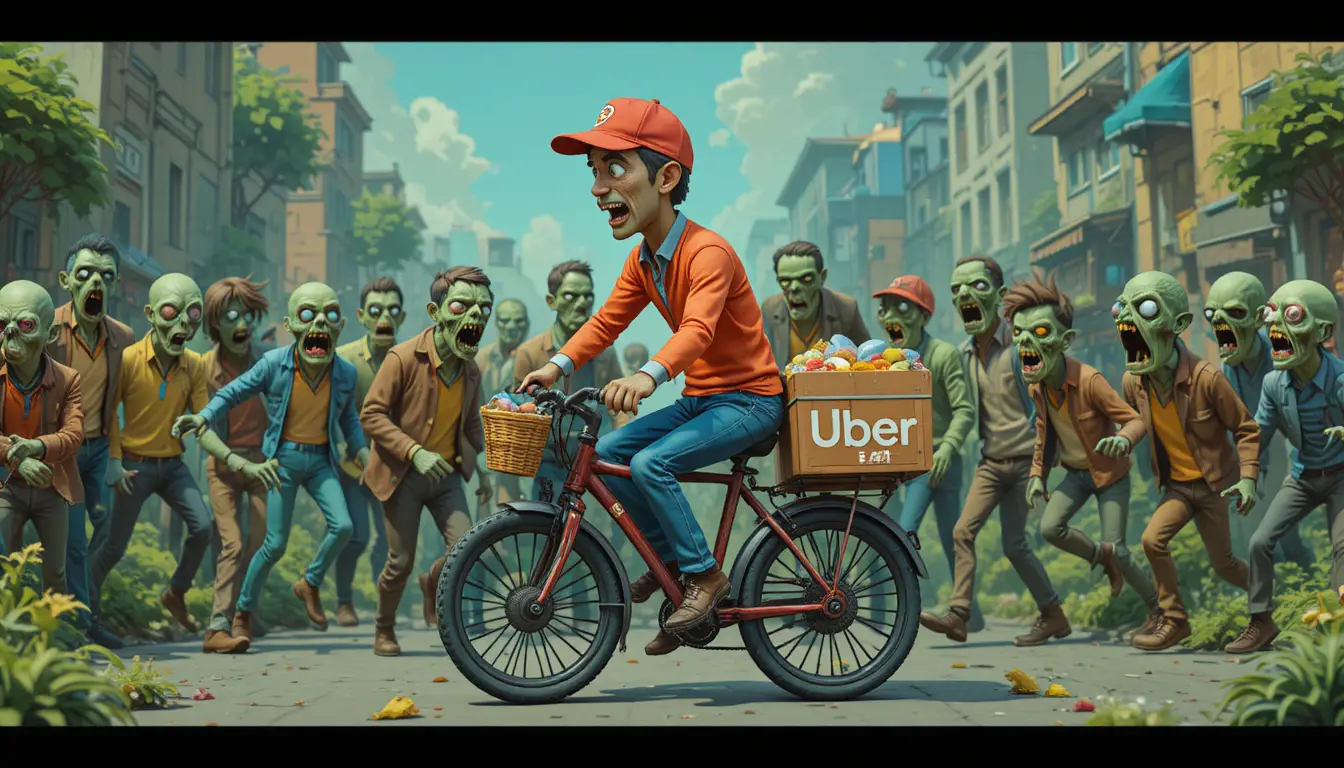 Clay delivery rider chased by hungry zombie crowd
