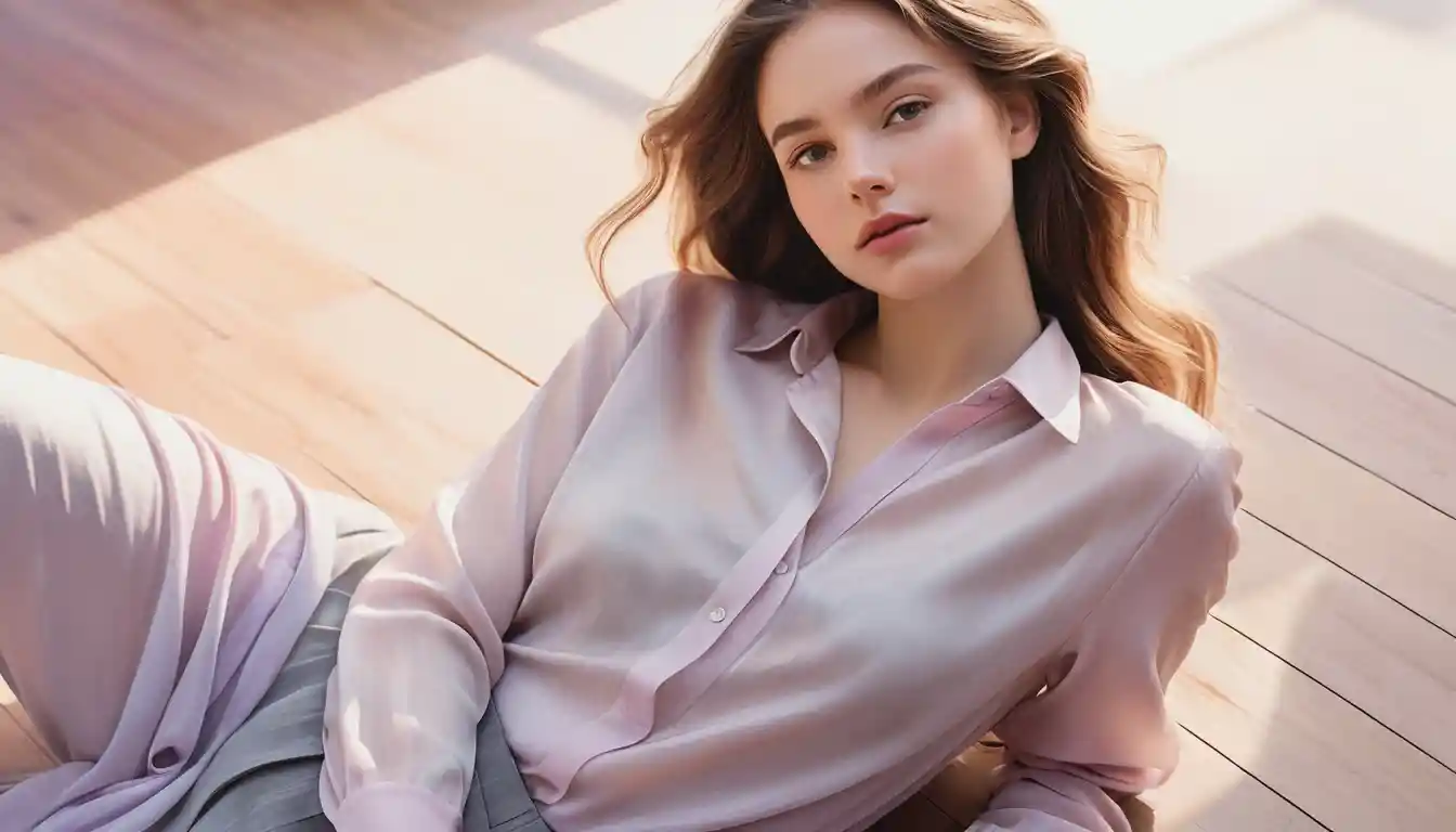 Watercolor girl in pink shirt sitting alone in vast hall