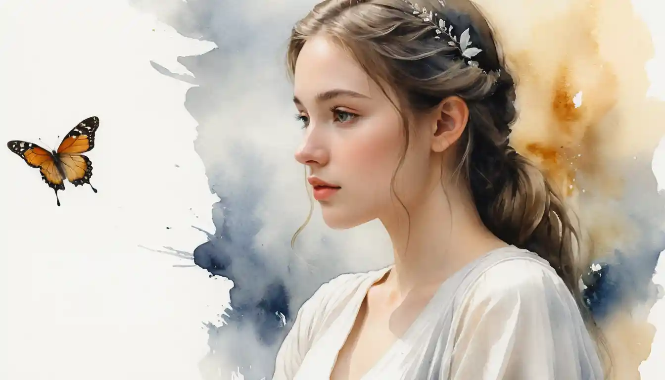 Watercolor girl in profile with glowing jar butterfly