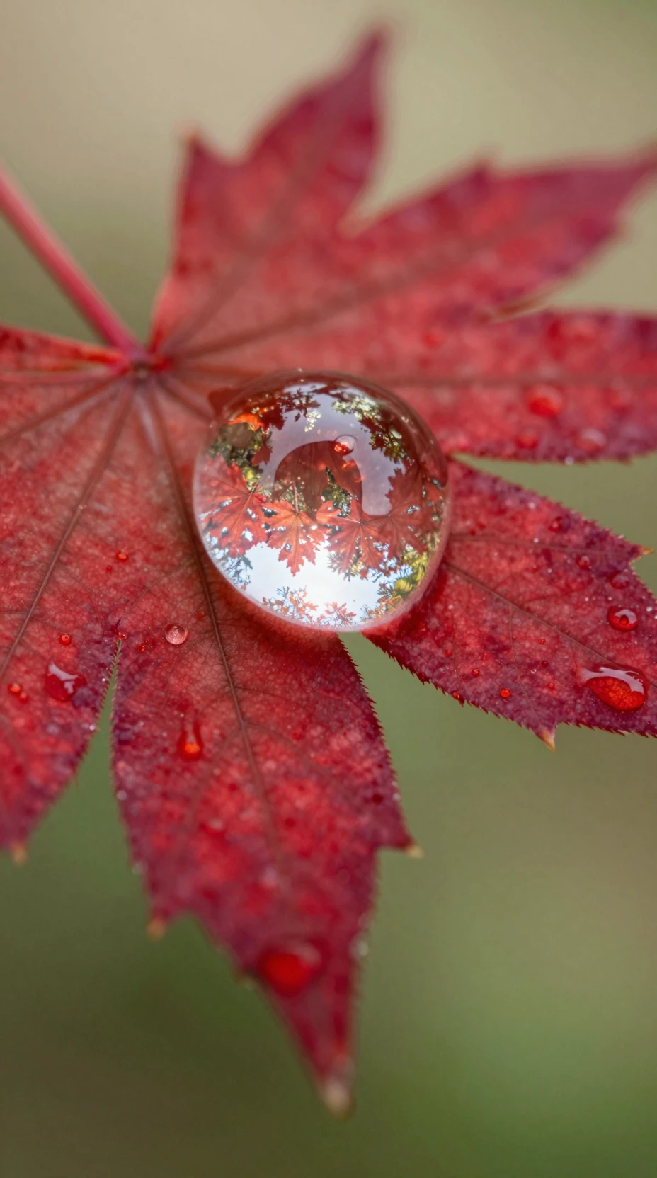 Dewdrop on crimson maple leaf with forest reflection