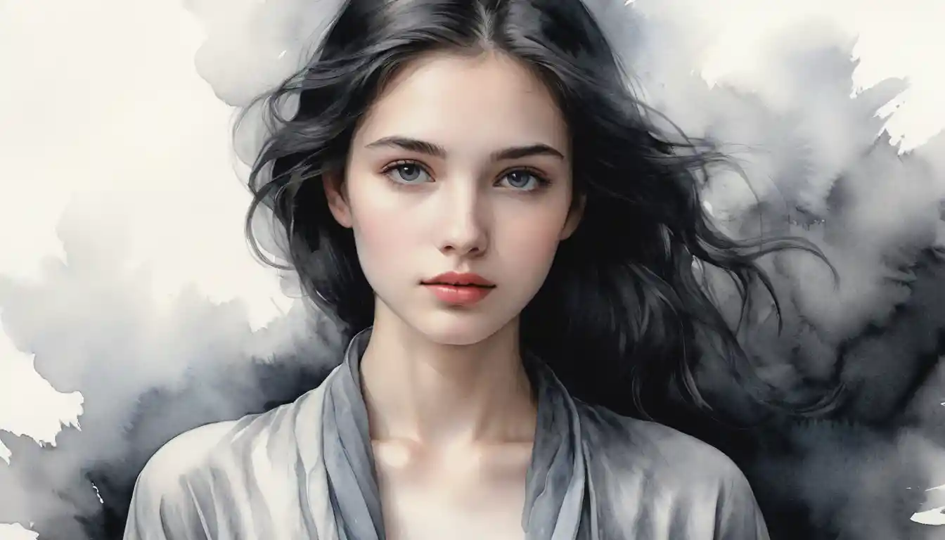 Young woman in black cloak on silver balance scale