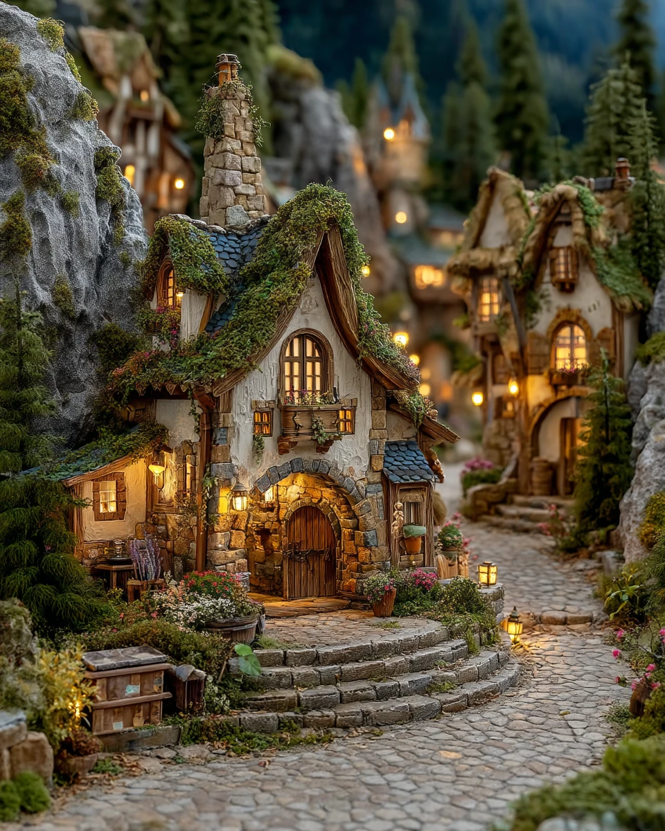 Tranquillo villaggio in miniatura da fiaba con accoglienti cottage