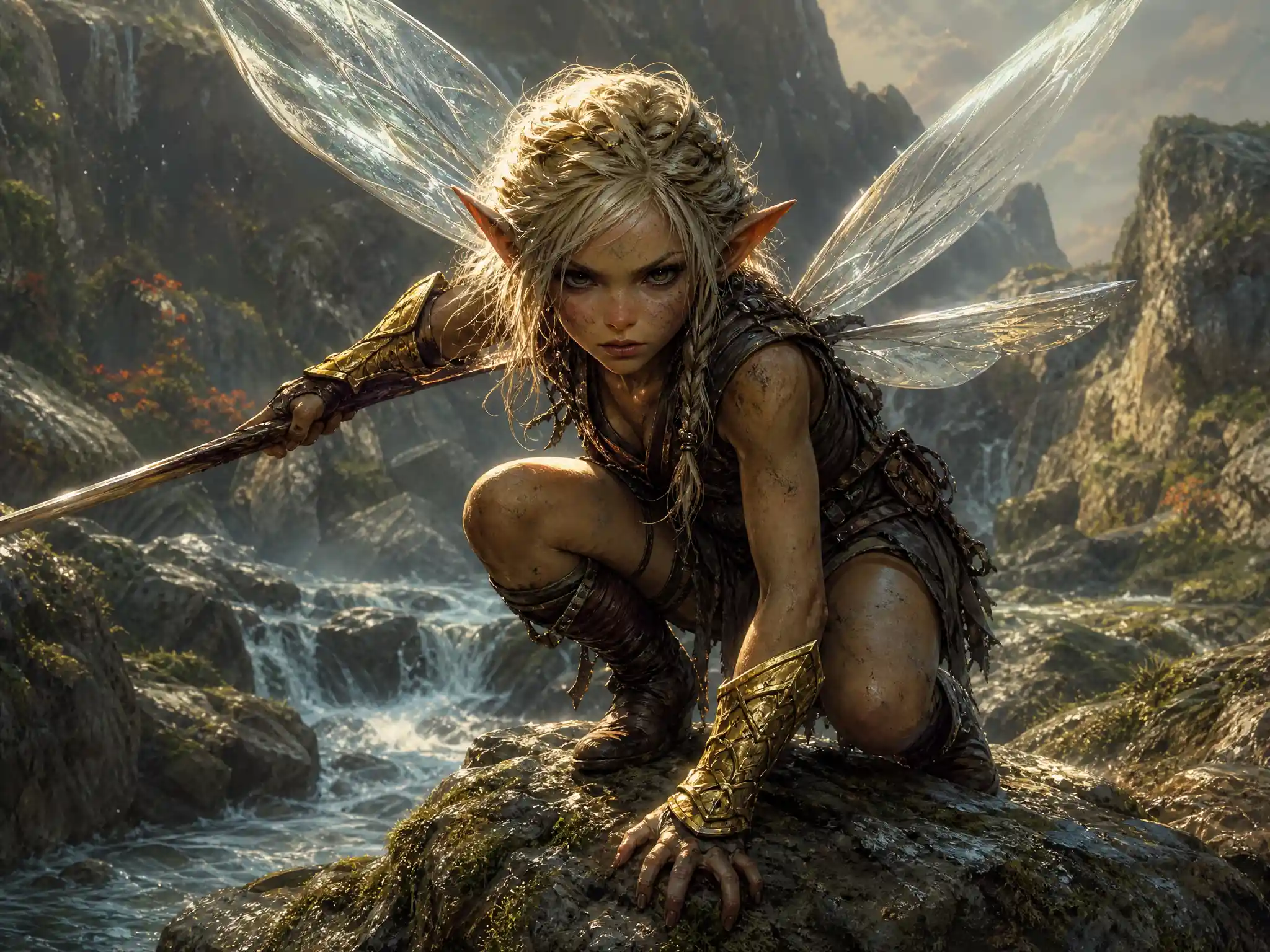 Fairy warrior crouched on rock above mountain stream