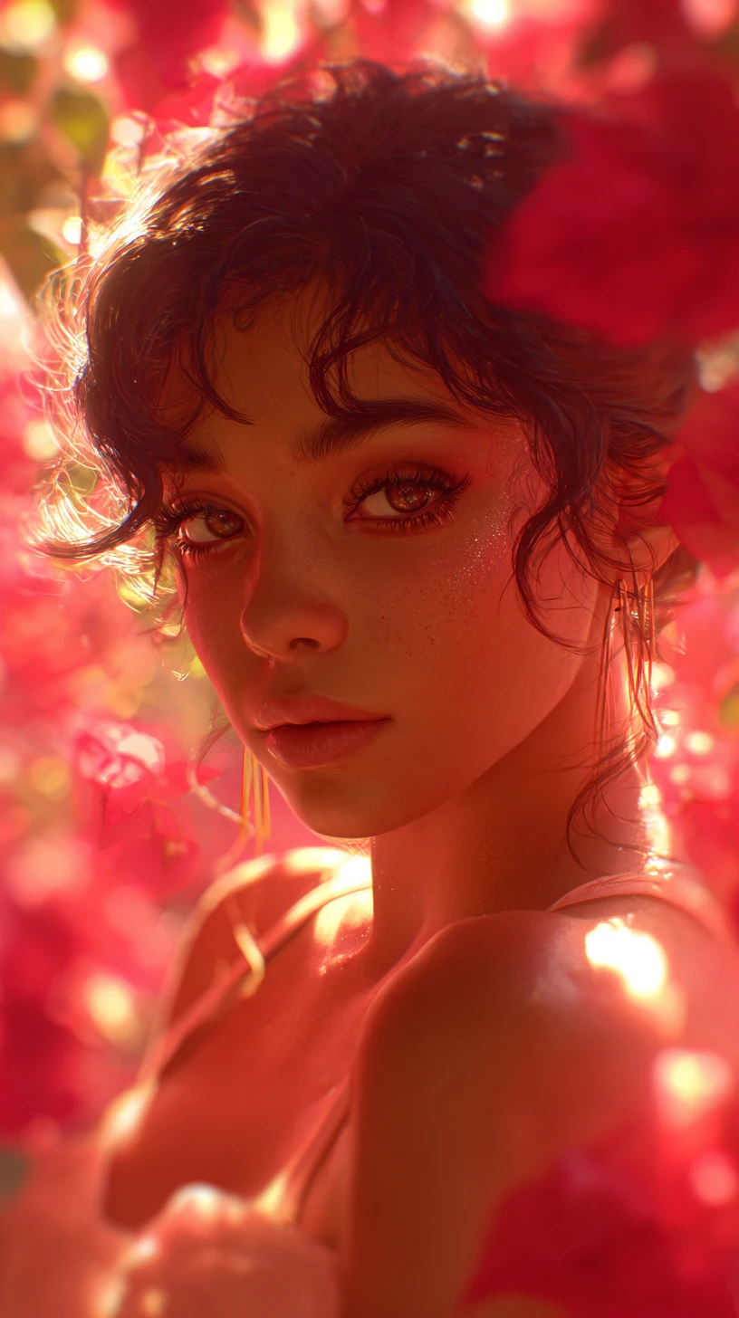 Retrato etéreo de una mujer radiante con luz floral