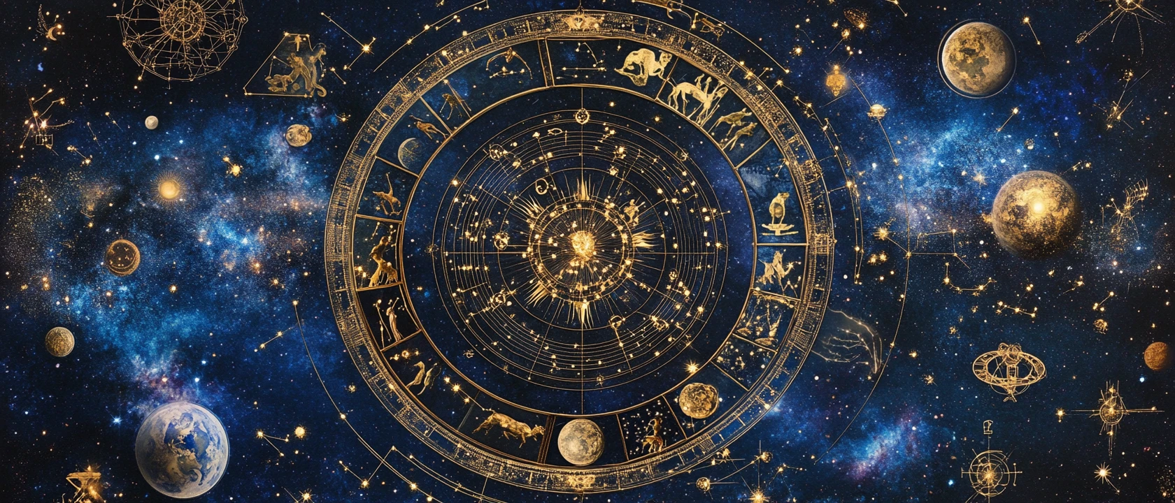 Zodiac signs spread across a mystical night sky